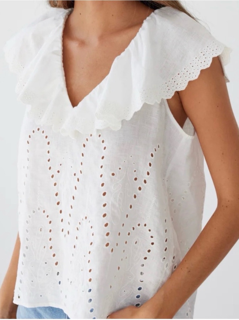 AYR The Ciao Ciao White Eyelet Ruffle V-Neck Sleeveless Top